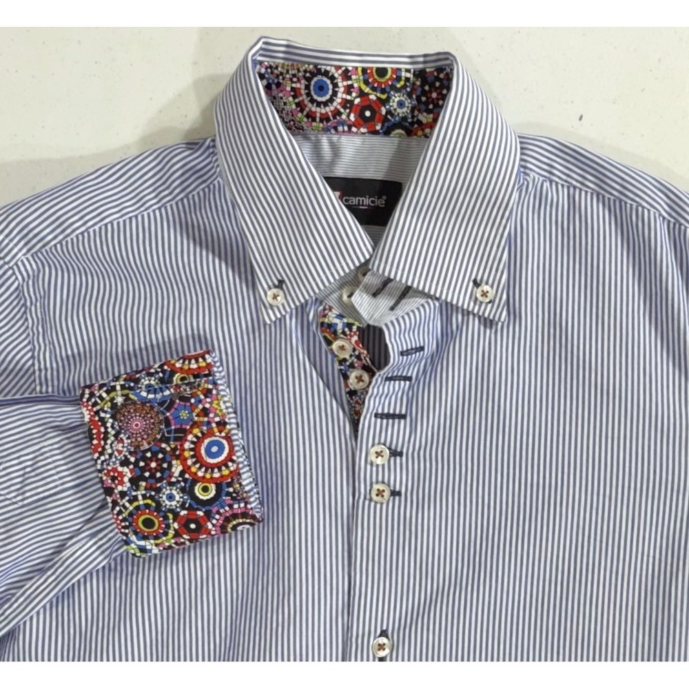 7 Camicie Dress Shirt M Blue Striped Mosaic Contrast Cuff Fitted Business Office